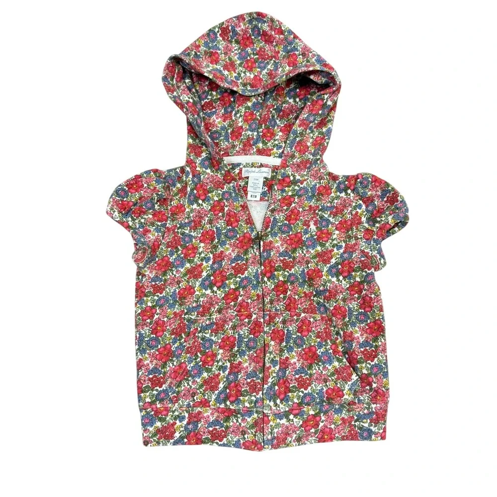 Ralph Lauren Girls 24M Floral Short Sleeve Zip Up‎ Hoodie French Terry Red Blue